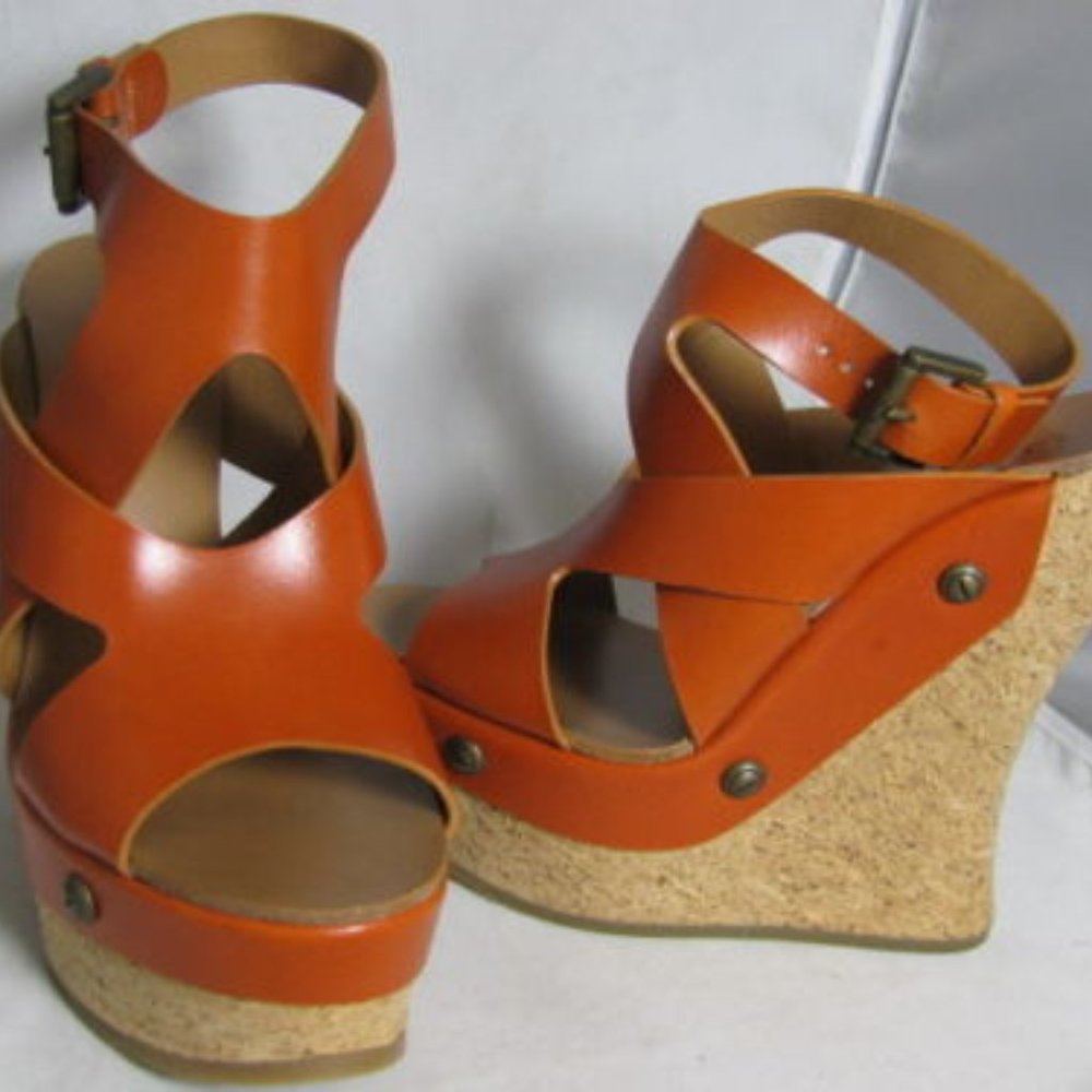 CHLOE ORANGE LEATHER SANDALS WEDGES SIZE 36,5 MADE IN ITALY